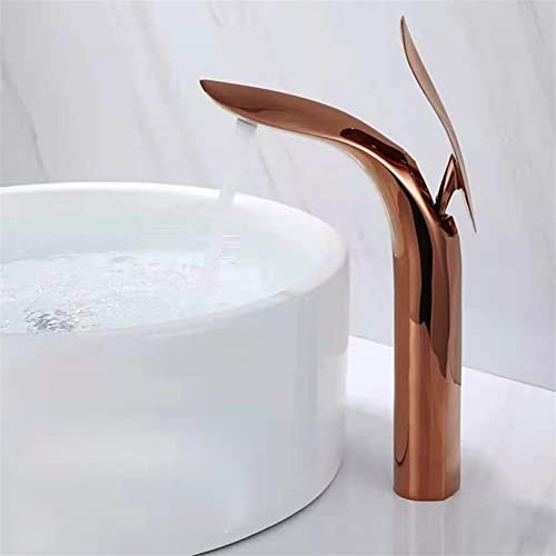 Robinet de lavabo de Salle de Bain Robinet de Salle de Bain de Luxe, Robinet de lavabo Cascade en Or Rose, Robinet d'eau Froide et Chaude monotrou, robinets mitigeurs de lavabo