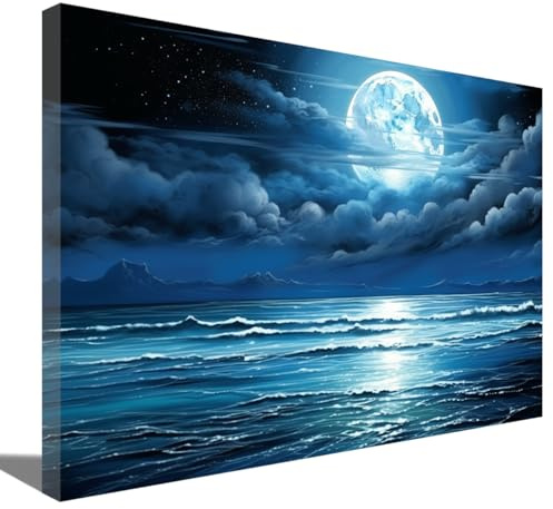 ZQQART Großer Mond Meer Ozean Leinwanddrucke natürlicher Vollmond in der Nacht Meereslandschaft Poster Ramadan Gemälde für Wohnzimmer Schlafzimmer Büro Wanddekoration gerahmt (Mond-A,30x45cm)