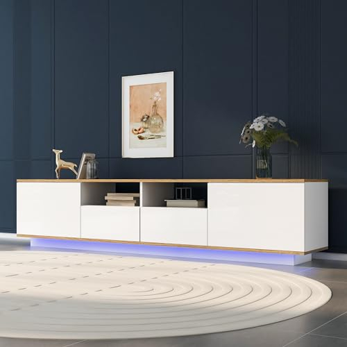 Mueble bajo moderno LED para televisión, soporte para TV, tabla de TV, mesa de televisión industrial, armario de TV de 80 pulgadas, color blanco, 180 cm