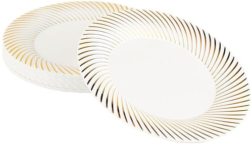 MATANA 100 Premium White Plastic Dinner Plates with Gold Rim, 25cm / 9.8 Inch - Elegant & Reusable Party Plates for Weddings, Birthdays, Picnic, BBQ, Parties