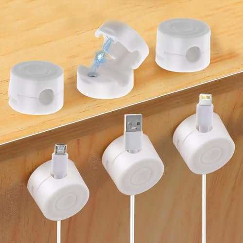 6 Pack magnetic cable holder,Cable Clips Tidy Cord Organizer Holder Wire Holder Organiser magnetic cable organiser for Desk Nightstand Charging Cables HDMI USB Audio Cable Office Home(White)