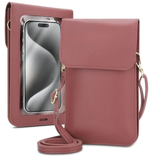 Cadorabo Handytasche zum Umhängen universal -alle Smartphones bis Größe 7 Zoll maximal- kleine Handtasche mit Handyfach und Sichtfenster, Handy Umhängetasche mini, 2 Fächer, Touch, PU Leder, PINK