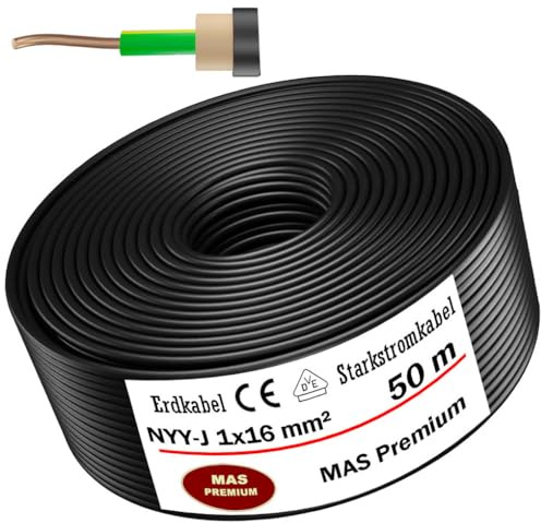 MAS Premium 5-100m Erdkabel Starkstromkabel NYY-J 1x4, 6, 10, 16 oder 25 Elektrokabel OFC Ring zur Verlegung im Freien, Erdreich (NYY-J 1x16 mm², 50m)