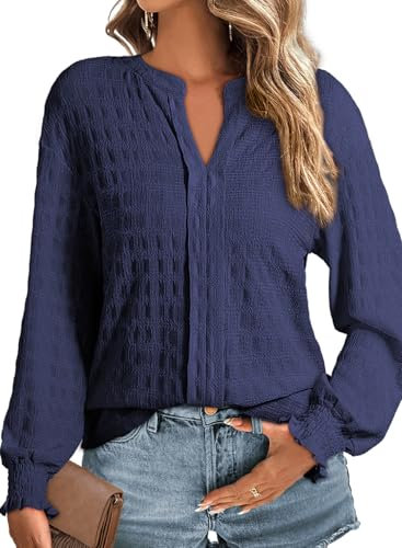 Dokotoo Ladies Tops Long Sleeve V Neck Spring Womens Tunic Top Loose Casual T-Shirts for Women Solid Color Shirt Textured Women's Blouses Shirts Fall Navy Blue UK M