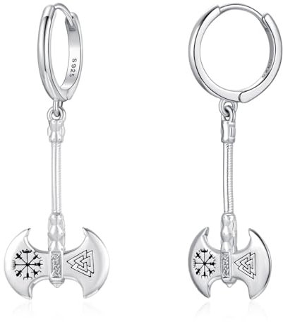 Norse Viking Thors Battle Axe Hoop Earrings 925 Sterling Silver Axe Valknut Drop Earrings Huggie Charm Jewelry Gift