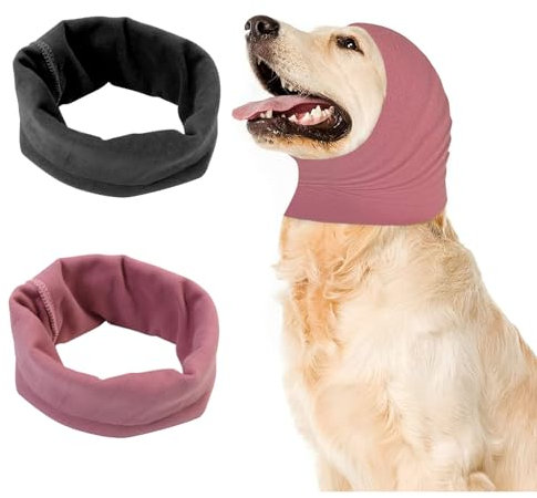 2Pcs Dog Snood, Dog Ear Protectors, Happy Hoodie for Dogs, Dogs Ear Muffs Noise Protection for Anxiety Relief, Ears Protectors for Bath Drying, Pet Ears Protector (Pink, Black)