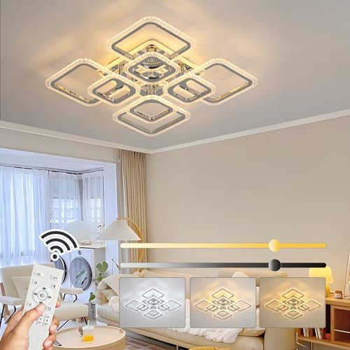 ZAITINZ Led Deckenleuchte, Wohnzimmerlampe 80W, Dimmbar mit Memory Funktion, 8 Quadratische Deckenlampe Led, 56CM Moderne Deckenleuchten für Wohnzimmer, Schlafzimmer, Flur, Chrom, 3000-6000K