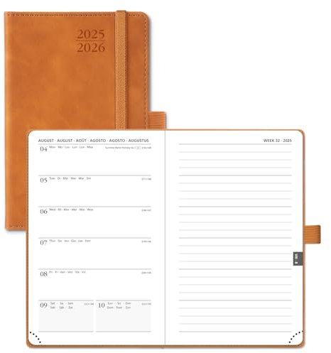 POPRUN Taschenkalender 2025 2026 Klein Notizbuch (Aug.2025-Dez.2026), ca. A6 (16 x 10,5 cm), kalender 2025 Klein mit Softcover - Terminplaner mit PU-Leder - Braun