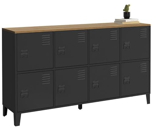 IDMarket - Sideboard Spind 139 cm Ester 8 Türen aus Metall schwarz Holzplatte Industriedesign