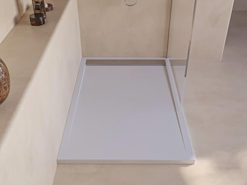 SoulHome Duschwanne Kunstharz 170x70 Weiß Edelstahl-Gitter | Rutschfest C3, extraflach, Mineralguss, Schieferstruktur, antibakteriell, Gel-Coat-Beschichtung, inklusive Ablaufgarnitur