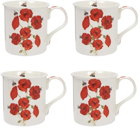 Tamersgifts Set of 4 Floral Mugs Set 330ml Fine China Coffee Tea Cups Home (Poppy)