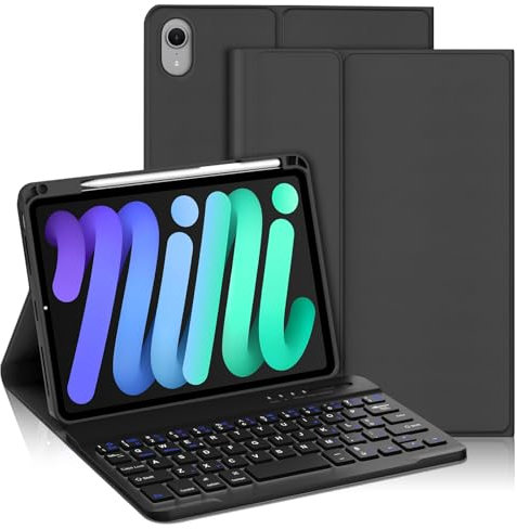 WAVATA Tastiera per iPad Mini 7 2024 8.3 Pollici (A17 Pro), Custodia Tastiera per iPad Mini 7/6 2021 Magnetica Bluetooth Staccabile Cover QWERTY Layout, Nero