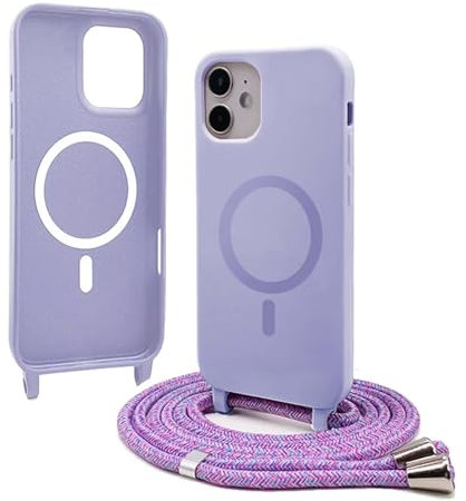 Bigcousin Handykette für iPhone 12 Mini Hülle mit Band,Magnetisch kompatibel mit Magsafe,Silikon Necklace Handyhülle mit verstellbar und abnehmbar,Lila