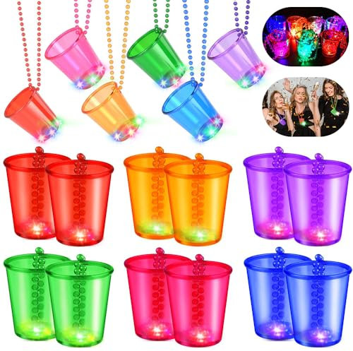 Lot de 12 verres à liqueur LED avec chaîne, verres à liqueur à suspendre LED, gobelets de fête colorés et lumineux avec chaîne, pour carnaval, fête de bachelorette, décoration de mariée, fête néon