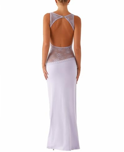 XIXIMAON Vestito lungo sexy aderente a schiena scoperta, da donna, abito da sera da cocktail, elegante, senza maniche, in pizzo, patchwork Y2K Clubwear