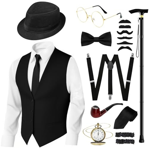 Grantop 20er Jahre Kostüm Herren,Peaky Blinders Kostüm,1920er Mafia-Kostüm mit Weste, Zylinder, Faltbare Krücke, Hosenträger, Krawatte, Fliege,Schnurrbart,20s Herren Outfits für Karneval Mottoparty