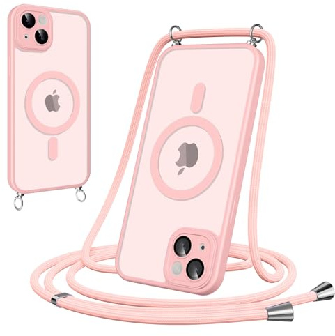 Pnakqil Coque Magnétique pour iPhone 15 Plus avec Cordon,[Compatible avec MagSafe] Etui Translucide Mat Arrière Antichoc Réglable Portable Lanyard Case Protection,Rose