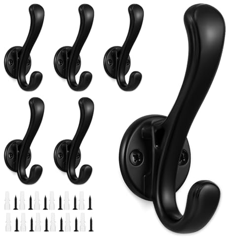 Dntorx 6 Pack Wall Mounted Towel Hooks, Black Heavy Duty Metal Coat Hooks | Aluminium Alloy, Double Hook, Rust-Resistant Finish, Smooth Rounded Edges, Up To 15 Kg, Bathroom Bedroom Hallway Use