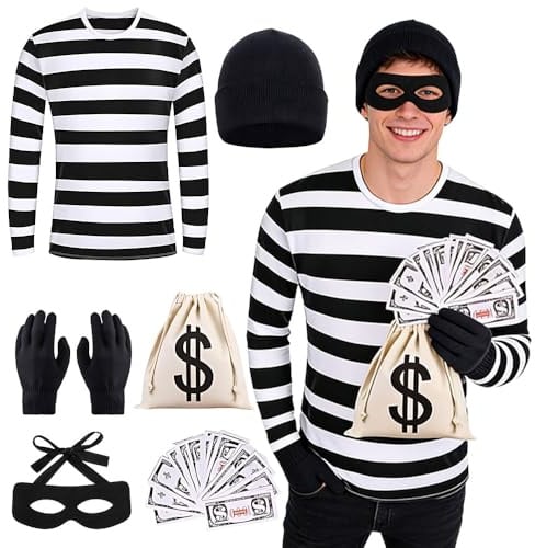 KUWUNG Bankräuber Kostüm Herren, 6 Stück Dieb Kostüm Set für Erwachsener, Räuber Kostüms Set mit T-Shirt Hut Augenmaske Handschuhen Geldbeutel Banknoten, Bandit Kostüms für Karneval Cosplay