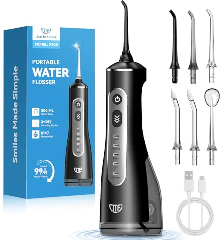 JTF Irrigador Bucal Eléctrico 300ML, 3+1 Modos Irrigador Dental, 6 Boquillas IPX7 Portatil Limpiador Dental para Ortodoncia/Encías Sensibles -Limpieza Dientes de Hogar Entusiastas Salud Ora(Negro)