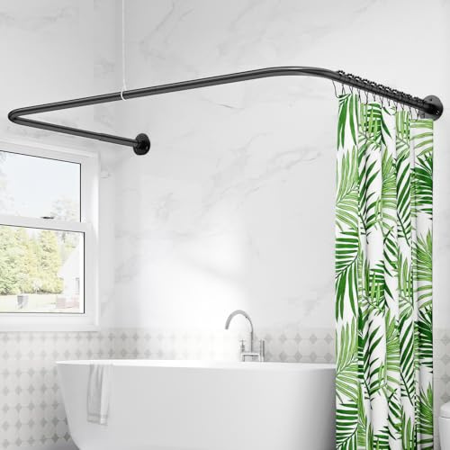 U Shaped/L Shaped Shower Curtain Rail, (60-91) X (78-196) X (60-91) cm Adjustable Curved Shower Curtain Pole With 12 Rings & Ceiling Support For Bathroom & Bathtubs, Need Drilling - Matte Black
