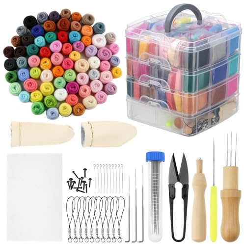 QWORK® Nadelfilz Set, 72 Farben Filzwolle mit 4-stöckiger Box, Komplettes Bastelset Inkl. Filznadeln, Schere & Zubehör, für DIY Tierfiguren & Handarbeiten