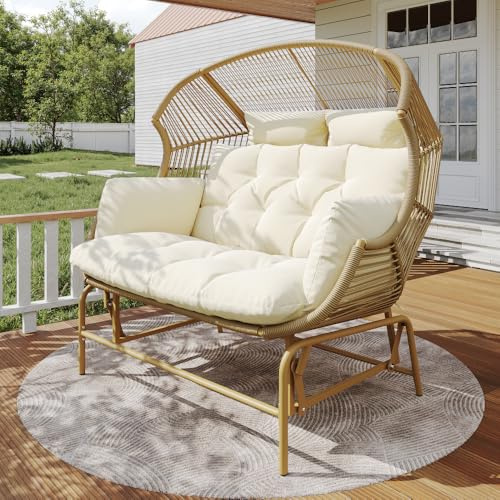 Bladez Rattan Outdoor Garden Rocking Chair, Armchair Wicker Lounge Chairs Loveseat Sofa with Soft Cushion Iron Frame, Patio Swing Egg Chair for Balcony, Backyard or Terrace (Beige)
