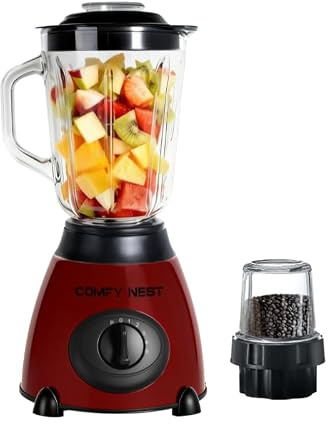 Comfy Nest Blender Mixeur en Verre 2-en-1 800 W, Rouge | Blender 2-en-1, 800 W, bol verre 1,5 L, moulin 0,4 L, 5 vitesses + pulse, lames inox amovibles, broyeur à glace, rouge