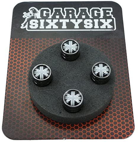 Garage-SixtySix 4 Ventilkappen UK schwarz-weiß in Schwarzchrom/Modell: Detroit