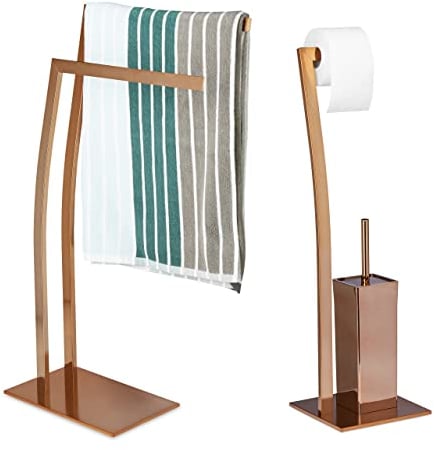 2 Elementi, Set da Bagno, Portasciugamani a 2 Braccia, Portarotolo, Portascopini, in Acciaio Inox, Look Moderno, Rame