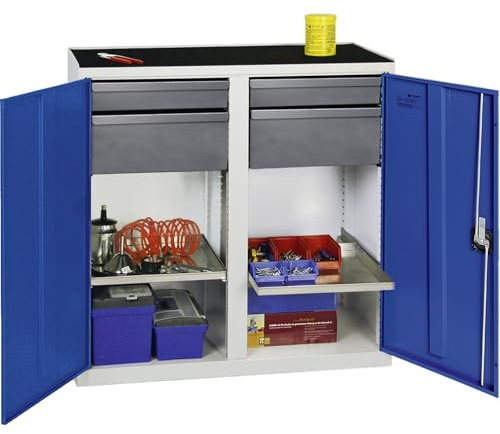Werkzeug- und Materialschrank Serie 3000, 7035/5010, 2 Schubladen 100 mm, 2 Schubladen 200 mm, 2 Wannenböden