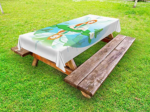 ABAKUHAUS Frösche Outdoor-Tischdecke, Fee auf Wasser-Lilien-Blatt, dekorative waschbare Picknick-Tischdecke, 145 x 265 cm, Mehrfarbig