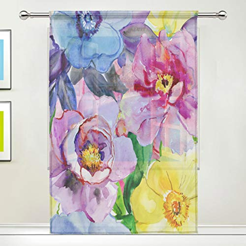 N/E RXYY Voile-Vorhang für Fenster, abstrakt, Aquarell, Orchidee, Blumen, tropische Blätter, 140 x 198 cm, 1 Stück