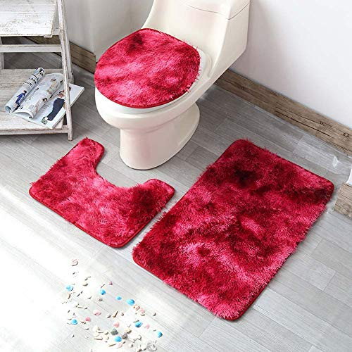 ETOPARS Badteppich-Set 3-teilige, rutschfeste Badematte U-förmiger Konturteppich und Toilettendeckel Waschbar Weicher Saugfähige Fussmatter (Rot)