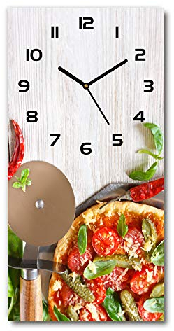 Tulup Glasuhr 30x60 cm - Schwarze Zeigern - Wanduhr Wandkunst Bild Gehärtetem Glas Uhr Echtglas Küche Wohnzimmer - Pizza