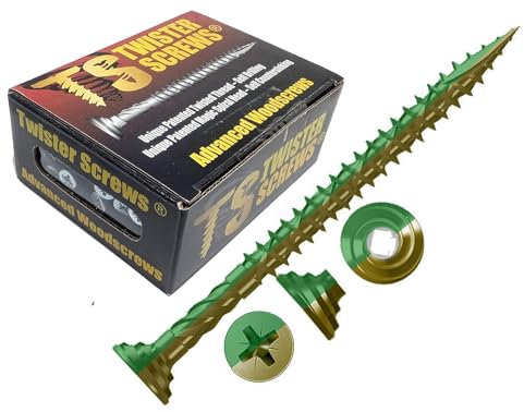 TwisterScrews Vis de terrasse E-Coat de qualité supérieure avec revêtement électropolyseal brun clair/vert autoforage/fraisage 1000 heures testées au spray salin (200, 5 x 80 mm)