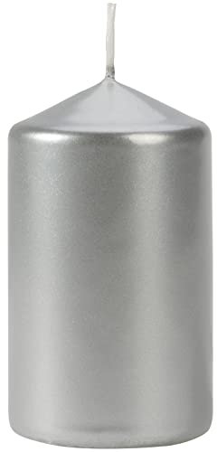 Stumpenkerzen Durchmesser 6 cm, Höhe 10 cm, Säulenkerzen Blockkerzen Silber Metallic, geruchsneutral, lange Brenndauer 30h, Set 6 Stück (1 Box)