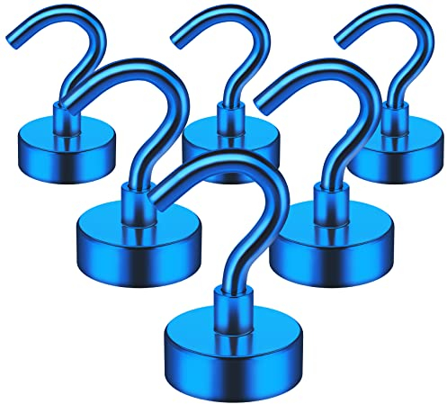 6 Pack Magnethaken, 10kg+(10.0 kg+) Starke Magnethaken, Kühlschrank Magnet Haken zum Aufhängen, Neodym-Magnete mit Haken, Magnethaken für Kreuzfahrt, Decke, Bad, Küche, Handtuch, Garage (Blau)