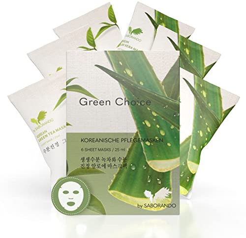 Korean Skincare 6 Stück Tuchmasken für Gesicht und Augen | 3x Aloe Vera + 3x Grüner Tee Gesichtsmasken Frauen & Männer, Gesichtspflege mit kollagen & Hyaluron, feuchtigkeitsspendend by Saborando