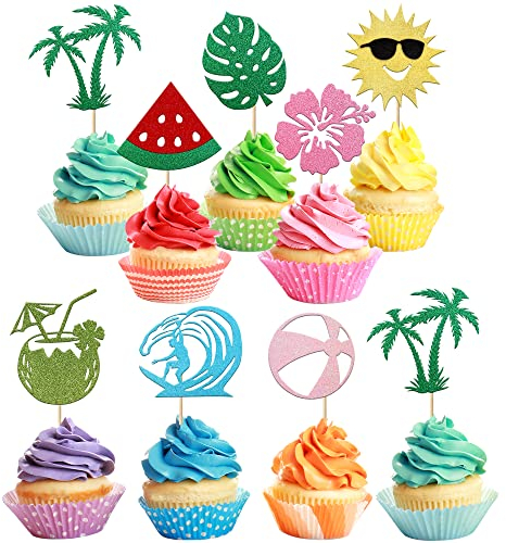 24 Pack Summer Beach Cupcake Toppers Sun Umbrella Ball Watermelon Water Gun Slippers Cupcake Picks Hawaiian Pool Theme Baby Shower Birthday Party Cupcake Decoration Supplies