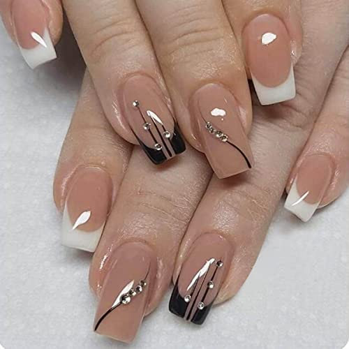 Bufenia 24Pcs White and Black French Tip False Nail Square Short Rhinestone Nude Fake Nails Glossy Press on Nails Full Cover Acrylic Nails for Women and Girls