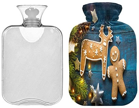 Christmas Themed Cute Gingerbread Man Hot Water Bottle with Cover Transparent Hot Water Bag 1L Warm Water Bottle for Neck and Shoulder Pain Relief Hand Feet Warmer Hot and Cold Therapy