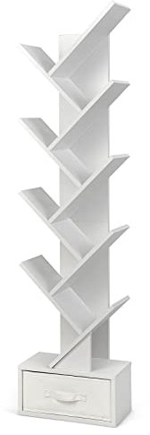 GYMAX Libreria ad Albero a 10 Ripiani, Cassetto con Maniglia, Scaffale Espositore Stretto e Multiuso, Organizer per Libri, CD e Ornamenti, Arredo per Soggiorno/Camera/Ufficio, Bianco