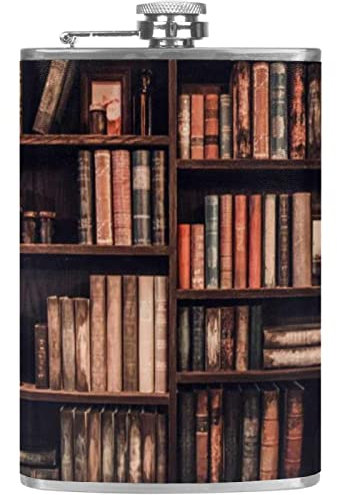 Flachmann mit Trichter, personalisierte Flaschen,Alte Bücher im Bücherregal in der Bibliothek,Tragbarer kleiner Krug aus Edelstahl für Spirituosen