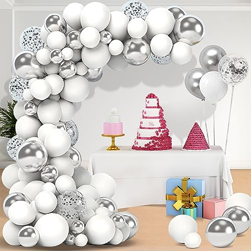 Luftballons Girlande, 116 Stück Ballon Girlande Silber Weiß, Luftballons Geburtstag Hochzeit, Weiß Silber Ballons Set für Baby Shower, Babyparty, Brautparty, Geburtstag Deko, Party Deko, Hochzeit