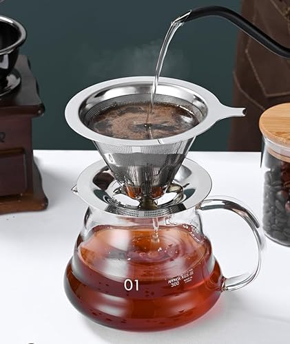 Pour Over Coffee Filter Double Layer Stainless Steel Reusable Coffee Dripper Paperless Drip Cup Coffee Maker Large 4-6 Cup