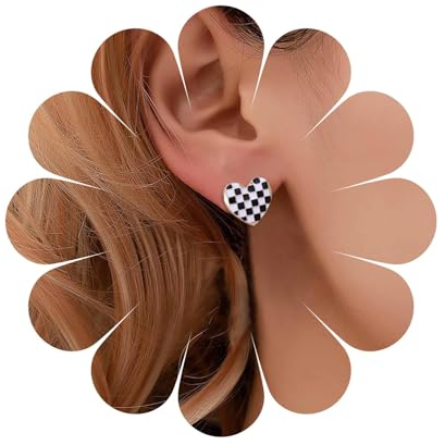Yheakne Boho Kariert Herz Ohrringe Acryl Herz Schachbrett Ohrringe Schwarz Weiß Schachbrett Ohrringe Emaille Liebe Herz Ohrstecker Schmuck Für Frauen Und Mädchen