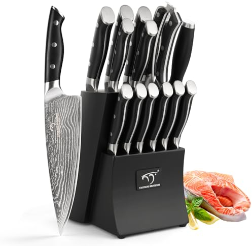 Damascus Knife Set with Block 15pcs,Damascus Knives Set Damascus Steel, Japanese Professional Kitchen Knife Set with Wood Knife Block Black