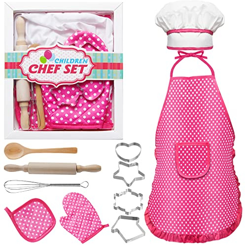 Jeffbaubl 11-teilig Koch-und Backset für Kinder, Kochset Kinder mit Schürze, Kochmütze, Ausstechform und Handschuh, Backset Küchenspielzeug Set Rollenspiele Kinderküche Geschenk für Mädchen 3-8 Jahre