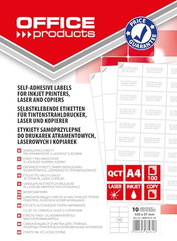 OFFICE PRODUCTS Etiketten Selbstklebend / 105 x 57 mm/ 100 Blatt A4 / Weiß/Günstige, Wirtschaftliche Selbstklebeetiketten/Adressaufkleber Bedruckbar Adressetiketten Klebeetiketten
